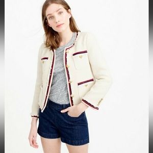 J. Crew Fringe Tweed Cream Jacket (red and navy piping) Size 00